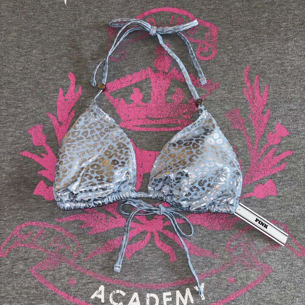 Victoria’s Secret PINK Icy Blue Leopard Foil Triangle String Bikini Top - M-DD - Picture 2 of 8